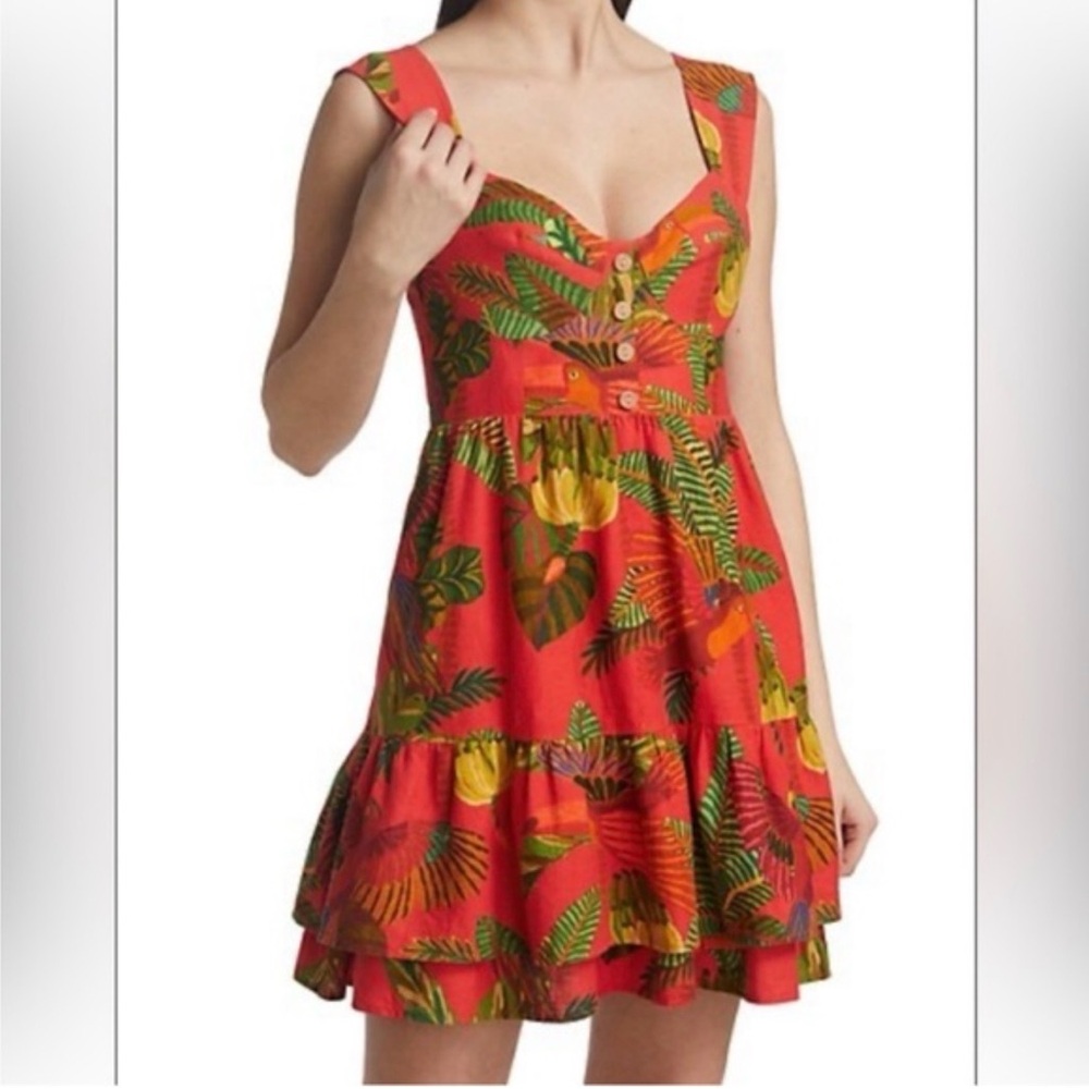 NWT FARM Rio Red Leaf Print Mini Dress Size S with  pockets